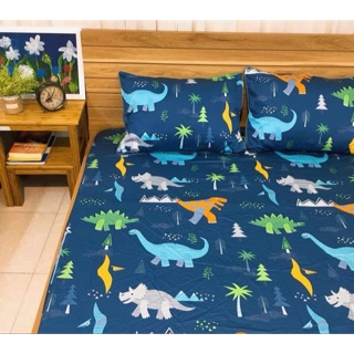 Set 3 món ga chun + 2 vỏ gối 100% cotton lụa Hàn quốc mẫu khủng long