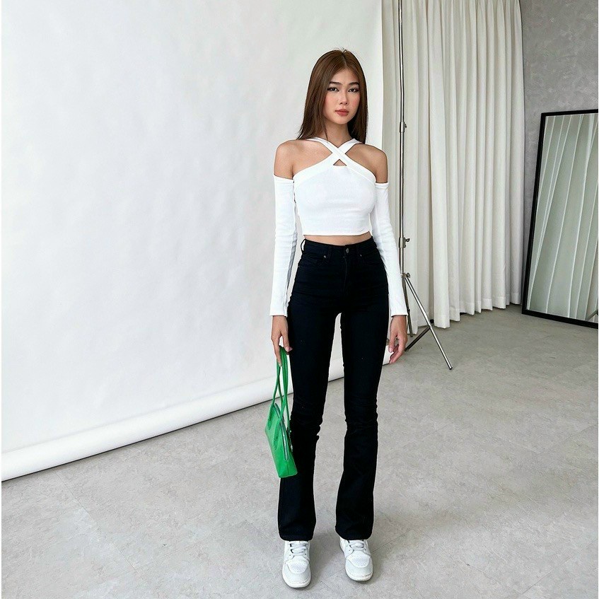 Áo thu dông Croptop vải thun co giãn - áo trễ vai yếm chéo dây choàng cổ .mã CRT10