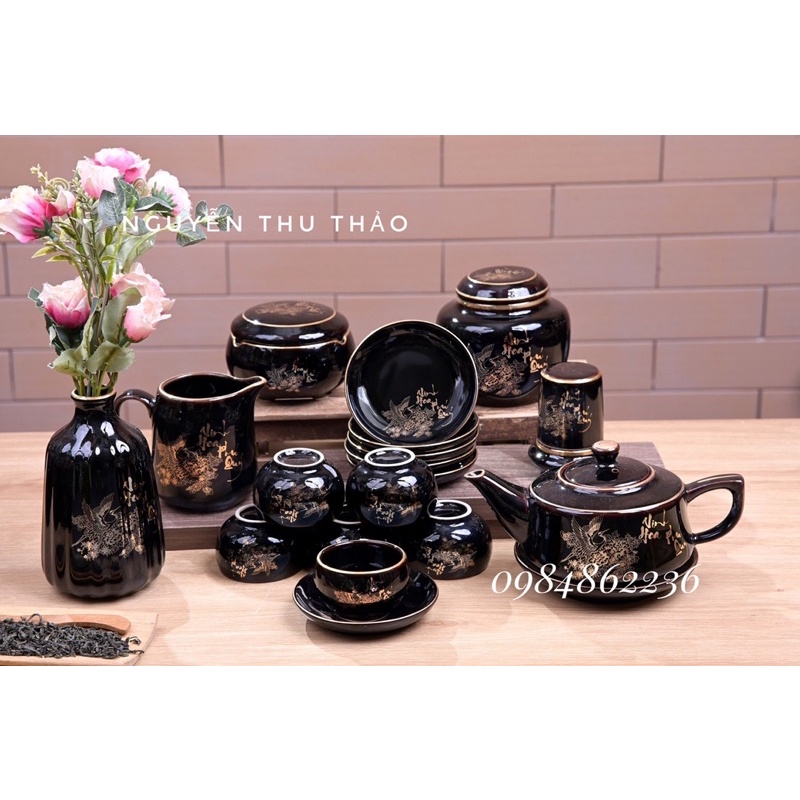 Bộ ấm chén vẽ cảnh vàng kim Bát Tràng - Bộ ấm trà đẹp