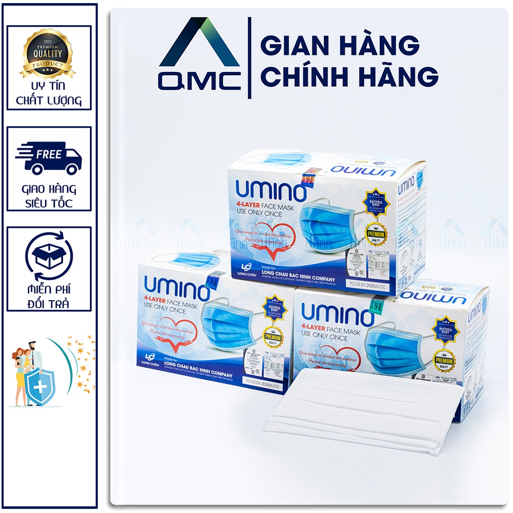 &lt; GIÁ SỈ &gt; Khẩu trang y tế 4 lớp Umino kháng khuẩn màu trắng, hộp 50c #QMC