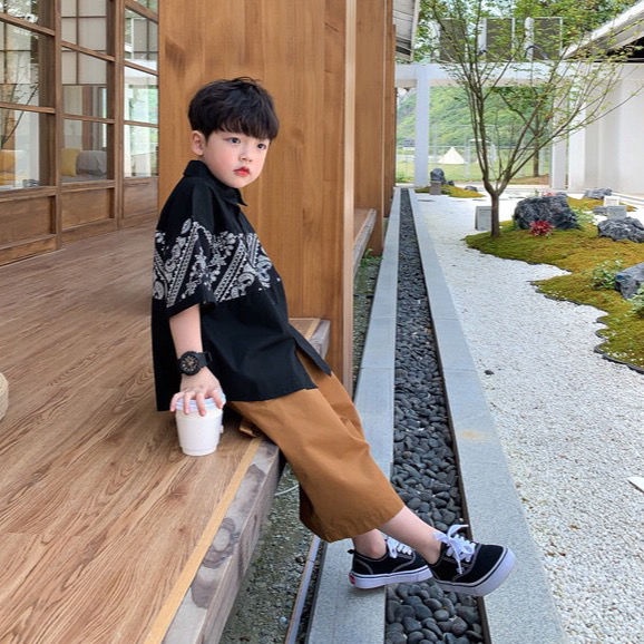 Áo Sơ Mi Cotton Tay Ngắn In Chữ Phong Cách Hàn Quốc Thời Trang Mùa Hè Cho Bé Trai