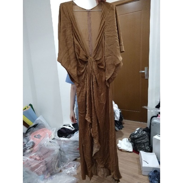 Đầm lụa cánh dơi cổ V xẻ sâu xoắn eo VNXK Zara dáng dài maxi xẻ tà đắp chéo sexy đi biển xuất khẩu dư xịn