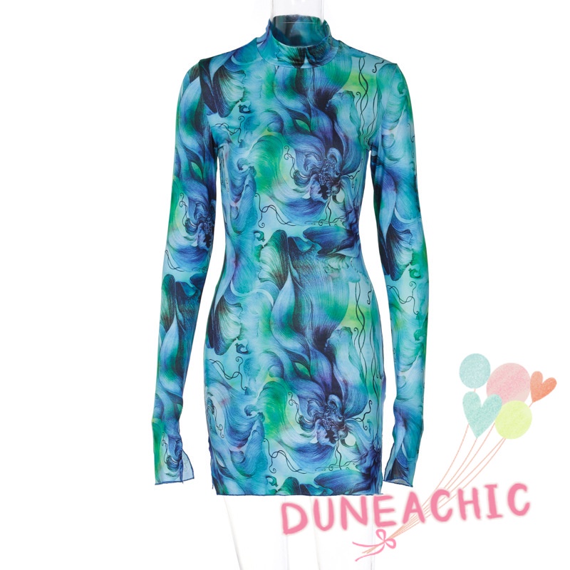 DUNEA Đầm dài tay cổ cao xẻ tà xinh xắn thời trang dành cho nữ