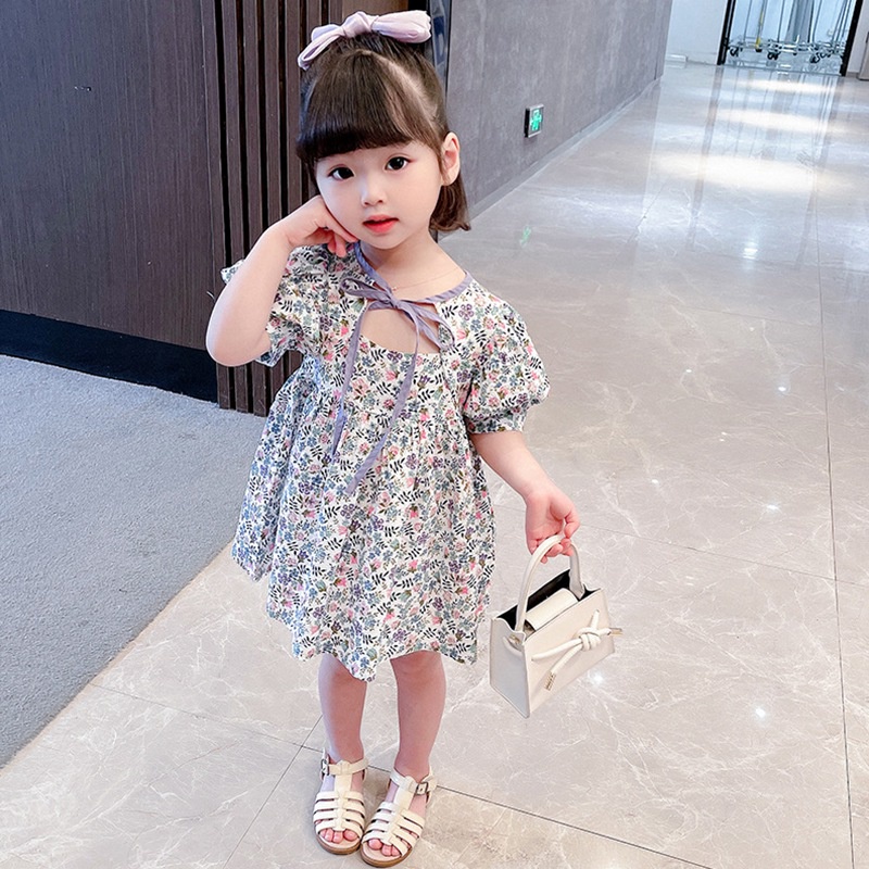 Đầm Công Chúa Chữ A In Hoa Thắt Nơ Eo Thời Trang Mùa Hè Cho Bé Gái 3-8 Tuổi