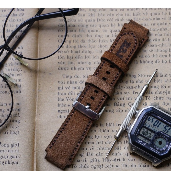 Dây đồng hồ RAM Leather 1960 cho CASIO 1200, AE 1200, 1300, 1100, A159 , A168 , Size 18 da bò lộn nâu