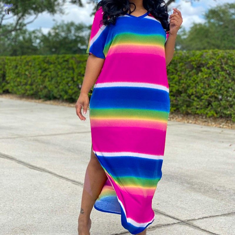 Đầm Maxi Tay Ngắn Cổ Chữ V Họa Tiết Kẻ Sọc Màu Sắc Thời Trang Mùa Hè Cho Nữ