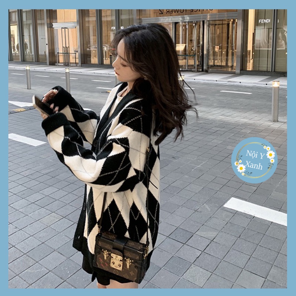 áo khoác len cardigan nữ form rộng họa tiết quả trám kim cương hàng quảng châu cao cấp Noiyxanh nội y xanh chất len quản