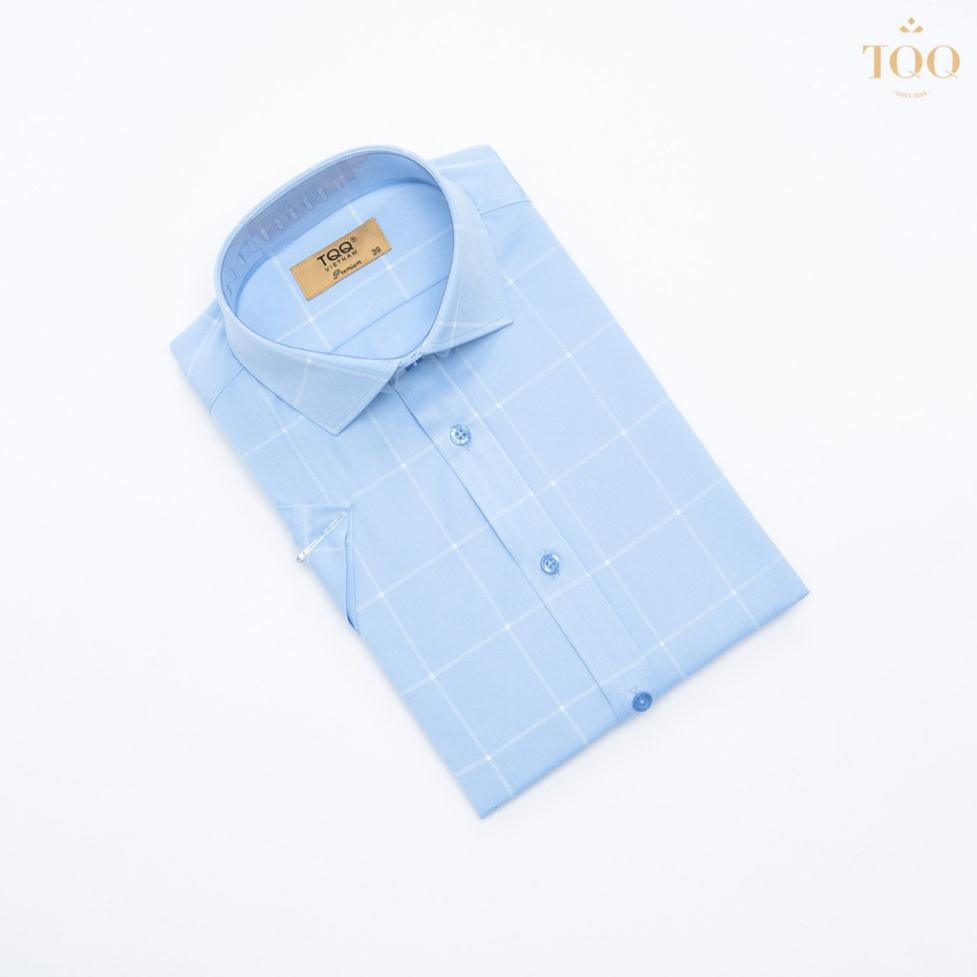 Áo sơ mi nam ngắn tay TQQ xanh dương kẻ ô to vạt bằng K302CB | BigBuy360 - bigbuy360.vn