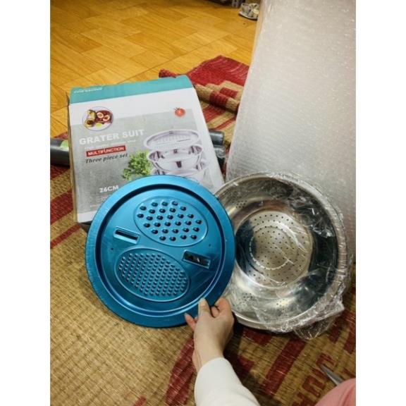 Bộ rổ nạo inox 304 đa năng 3 in 1 dụng cụ bào sợi rau củ thau, rổ bền đẹp cho nhà bếp