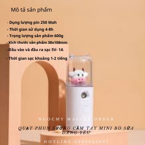 Quạt Phun Sương Cầm Tay MiNi Hình Bò Sữa - Tích Điện Phun Sương Hơi Nước Tạo Ẩm (Hot)