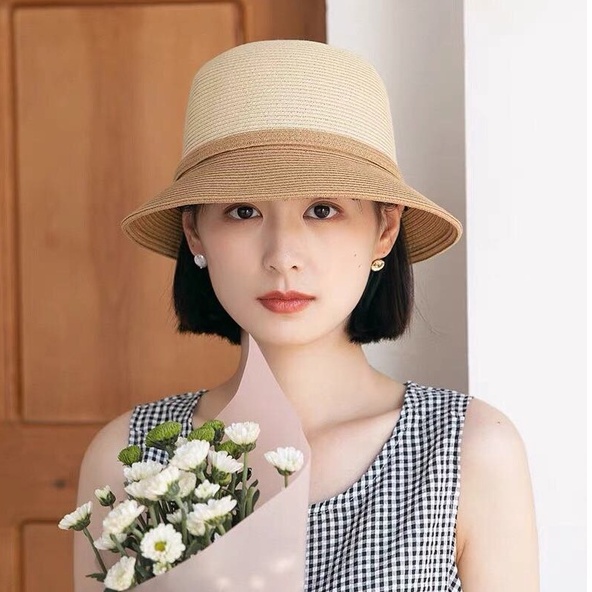 Mũ cói chuông Cloche - pha 2 màu -phụ kiện đai ngọc 2 hoa (đóng hộp)