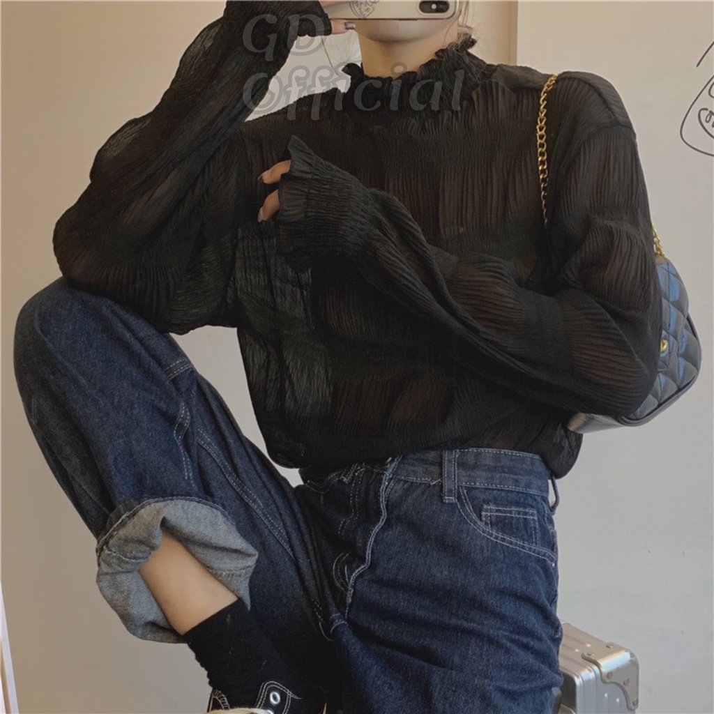 AT1|Áo sơ mi voan cổ cao lọ đứng mặc bên trong áo len tay bèo phồng thun dài ren trắng đen nâu GD Official | BigBuy360 - bigbuy360.vn