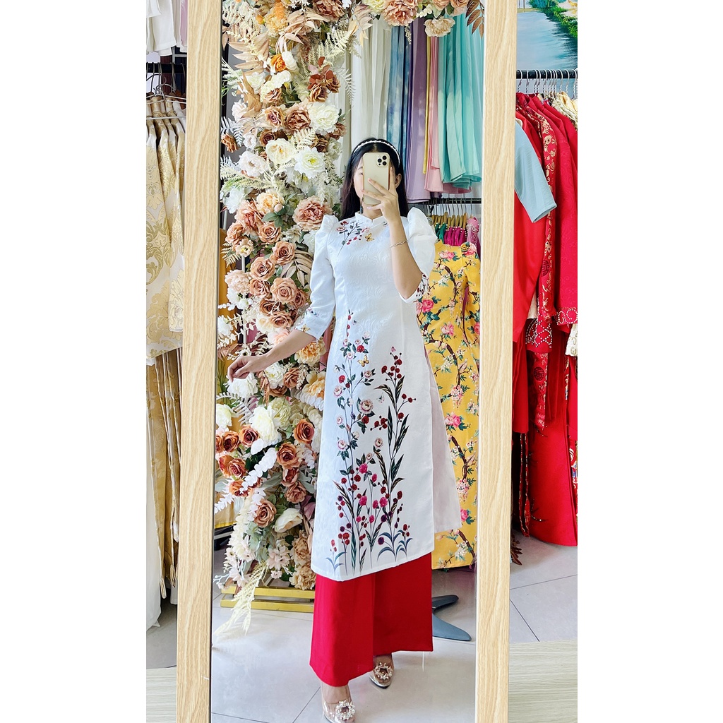 Áo dài gấm dày in hoa Tết tay phồng lửng xinh xắn