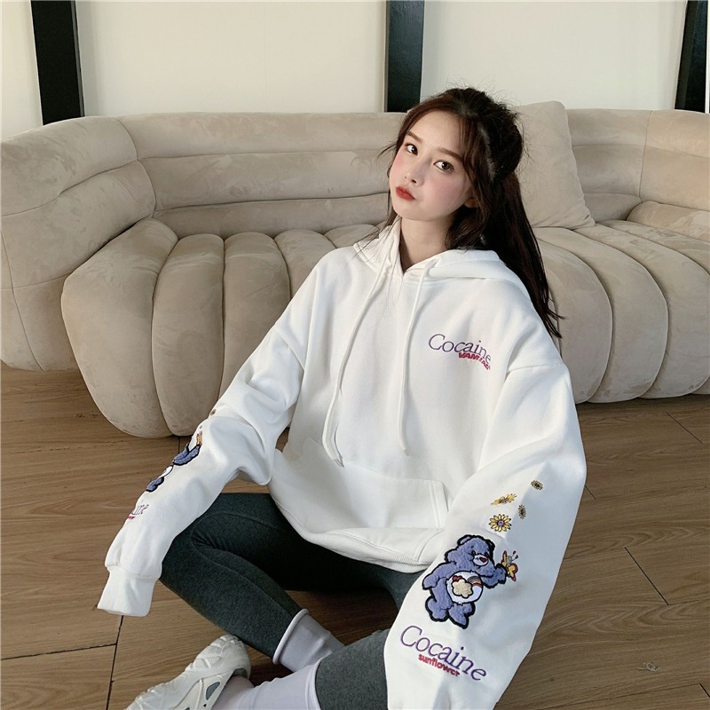 Áo hoodie nữ form rộng dài COCAINE đen, trắng vải nỉ in hình đẹp order quảng châu BST áo thu đông unisex Ulzzang 2020