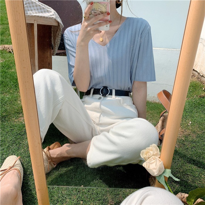 Áo len nữ ngắn tay cổ tim, áo len tăm thu đông trơn suông A64