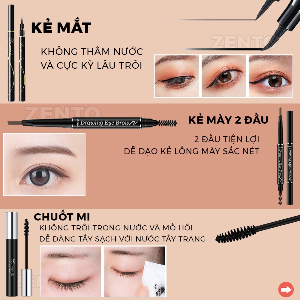 Bộ trang điểm đầy đủ LAMEILA 7 món makeup xinh Kem BB, Phấn phủ, Phấn mắt, Mascara, Kẻ mày, Kẻ mắt nước, Son kem Zentop