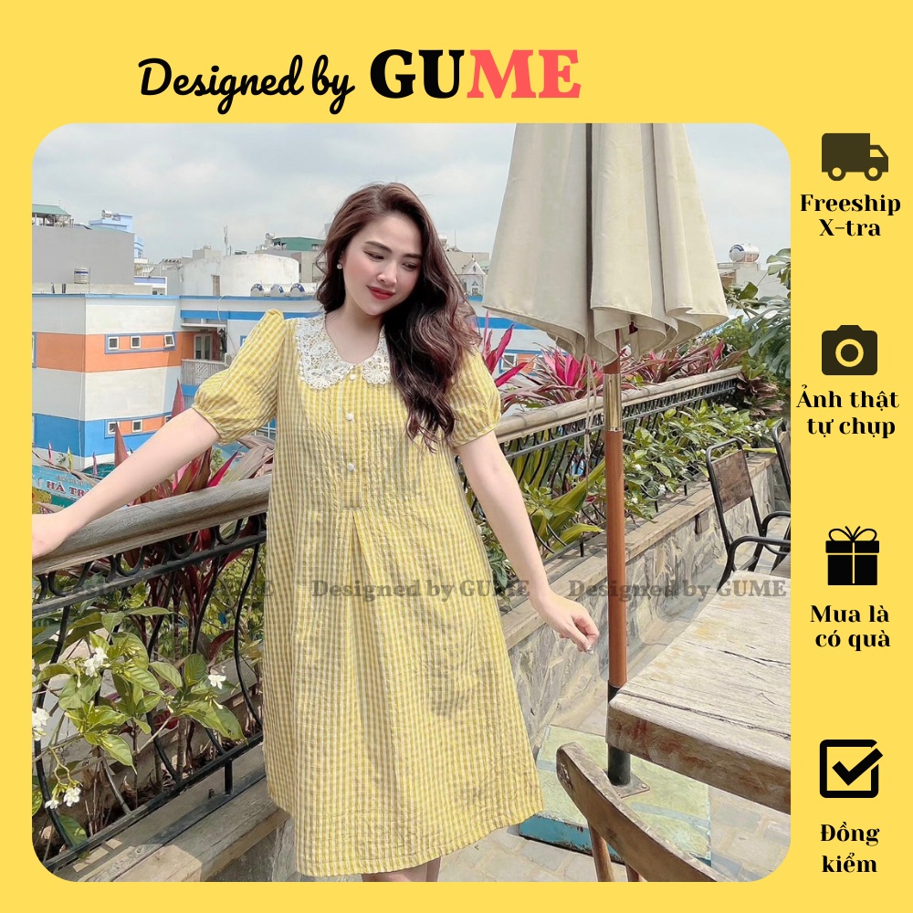 Đầm Bầu Công Sở - Váy Bầu GUME Kẻ Karo Vàng Cổ Sen viền bo tay lỡ, vải thô cotton thấm mồ hôi, mỏng mát MB209 V