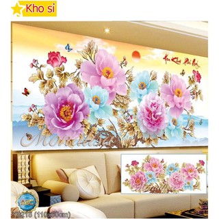 Tranh đính đá 3d đẹp Hoa khai phú quý, hoa mẫu đơn Y8218 (110x60cm) [KHO SỈ] Tranh chất lượng cao