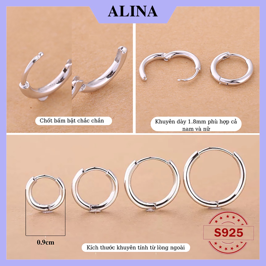Khuyên Tai Bạc Nữ Nam Tròn Trơn Chốt Bấm Dày 1.9mm, Bông Tai Bạc 925 Nhiều Kích Cỡ Đơn Giản Cá Tính ALINA