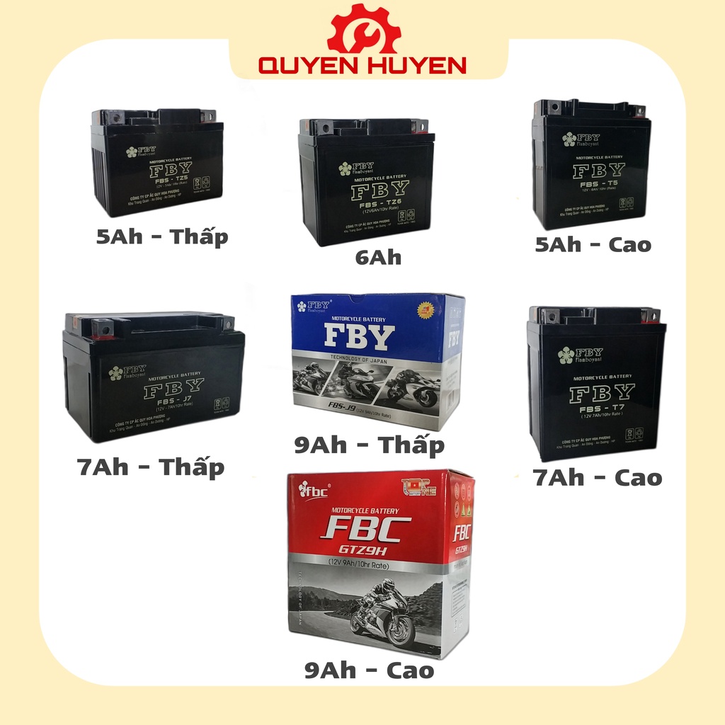 Ắc quy khô FBY 12V - 5A 6A 7A 9A cho xe máy - Acquy Wave, Air blade, vision, SH, Winner, Exciter, Piaggio, Suzuki, Sym..