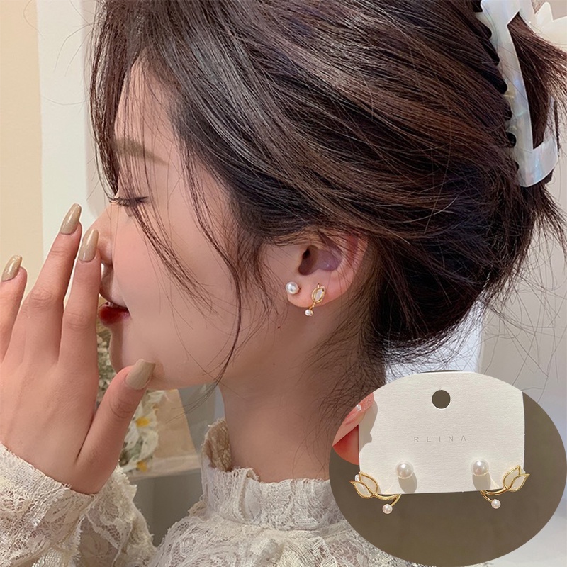 Khuyên Tai Hình Hoa Tulip Đính Ngọc Trai Nhân Tạo Thời Trang