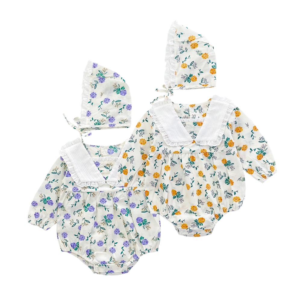 Áo liền quần SANLUTOZ tay dài in hoa kèm mũ thời trang mùa thu xinh xắn cho bé gái