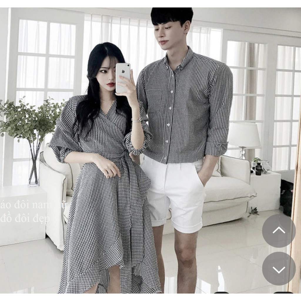 ┅Set váy áo sơ mi đôi - đồ nam nữ caro Hàn Quốc chụp cưới du lịch dự tiệc AV28 YAME Couple