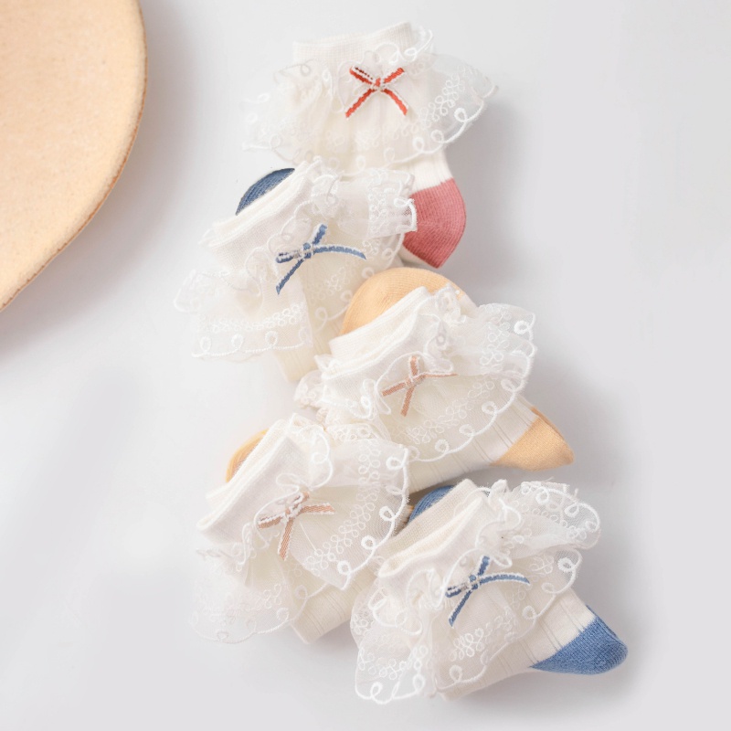Vớ cotton phối ren nơ xinh xắn cho bé gái tùy chọn màu sắc