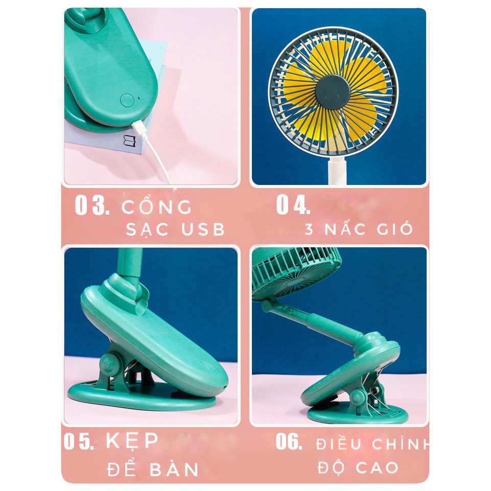 Quạt mini tích điện điều chỉnh độ cao - quạt điều cầm tay để bàn hoặc kẹp - sạc USB có 3 chế độ tiện lợi