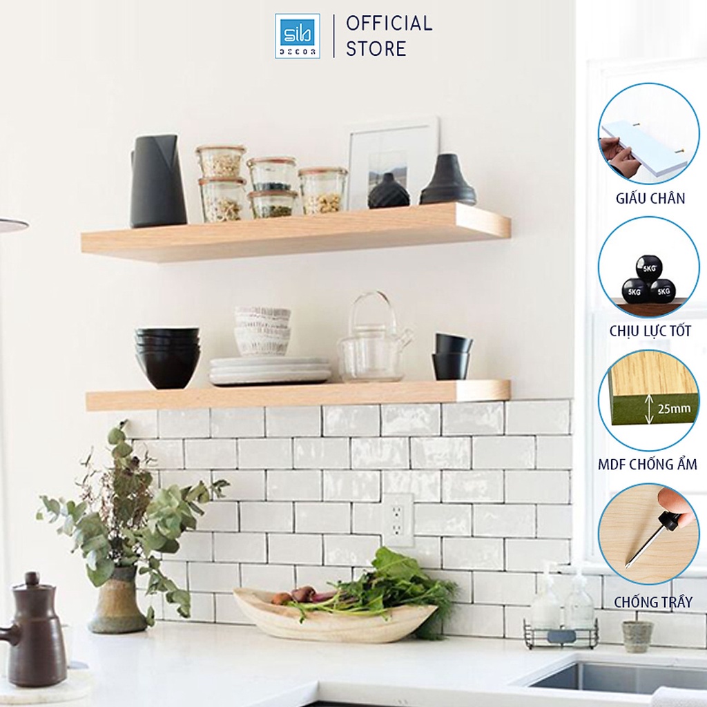 2 Kệ Treo Tường Màu Vân Gỗ Sồi Thương Hiệu SIB Decor, Gỗ Dày 25mm Để Được Đồ Nặng Với Kết Cấu Không Giá Đỡ Thẩm Mỹ