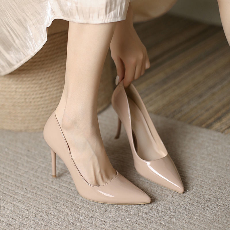 Giày Cao Gót Da Màu Nude Sáng Miệng Nông Miệng Nông Không Mệt Mỏi