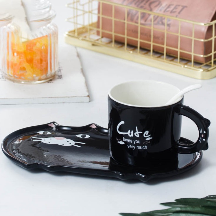 Ly Cốc Kèm Đĩa Con Mèo Mà Trèo Cây Cau Uống Cà Phê Detox Nước Ép Decor Nhà Cửa