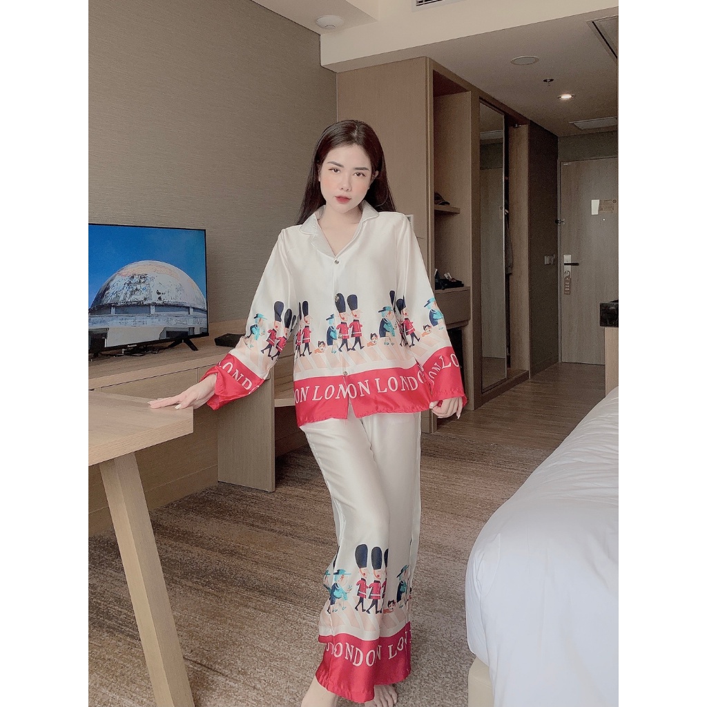 Đồ Bộ Pijama Lụa Tay Dài-Quần Dài Chất Liệu Mango thiết kế sang chảnh in hình chú lính