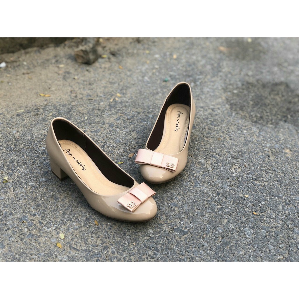 Giày cao gót mũi tròn gót vuông 3 phân gắn nơ BB_893BB