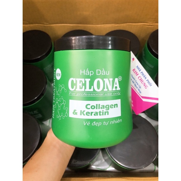 Hấp dầu Celona Collagen &amp; Keratin hương hước hoa 1000ml (Xanh Rêu)