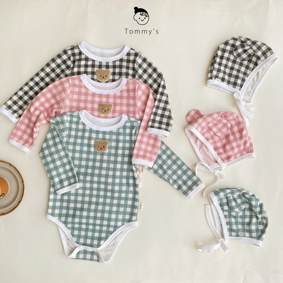 Set body chip tay dài kèm mũ tai gấu cho bé trai bé gái 0-2 tuổi hoạ tiết caro gấu thêu TOMMY HOUSE