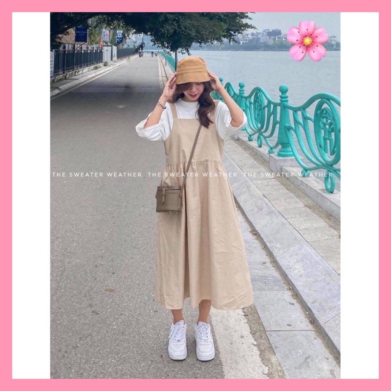 🌸 Đầm 2 dây dáng suông kèm áo thun tay lỡ, phông trơn màu trắng Ulzzang 🌸