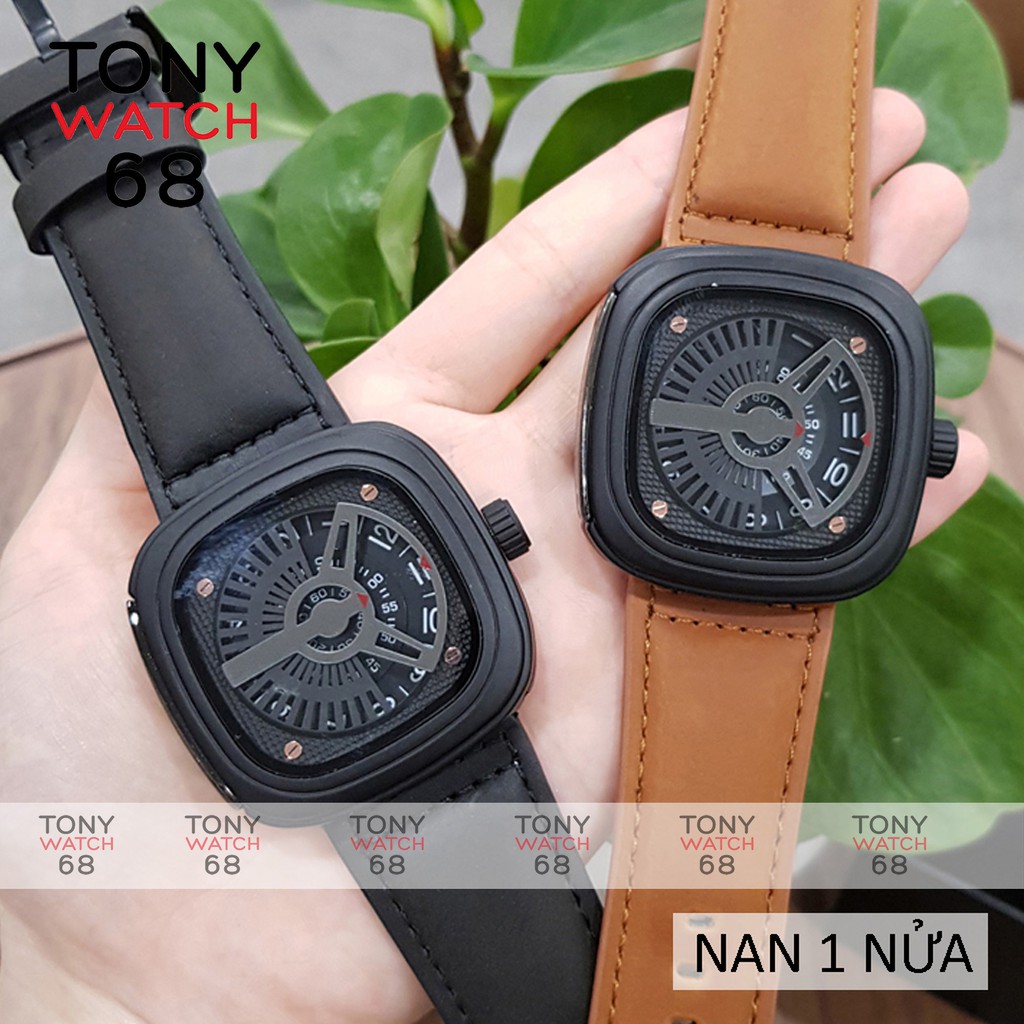 Đồng hồ nam Friday mặt vuông dây da kiểu dáng độc lạ chính hãng Tony Watch 68