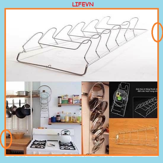 KỆ TREO TƯỜNG TRẠN ÚP NẮP XOONG NỒI 6 TẦNG BẰNG INOX GIÁ TREO ÚP VUNG XOONG NỒI
