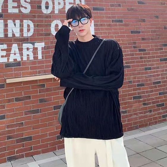 Áo thun tay dài cổ tròn họa tiết kẻ sọc thời trang phong cách Hàn Quốc cho nam và nữ