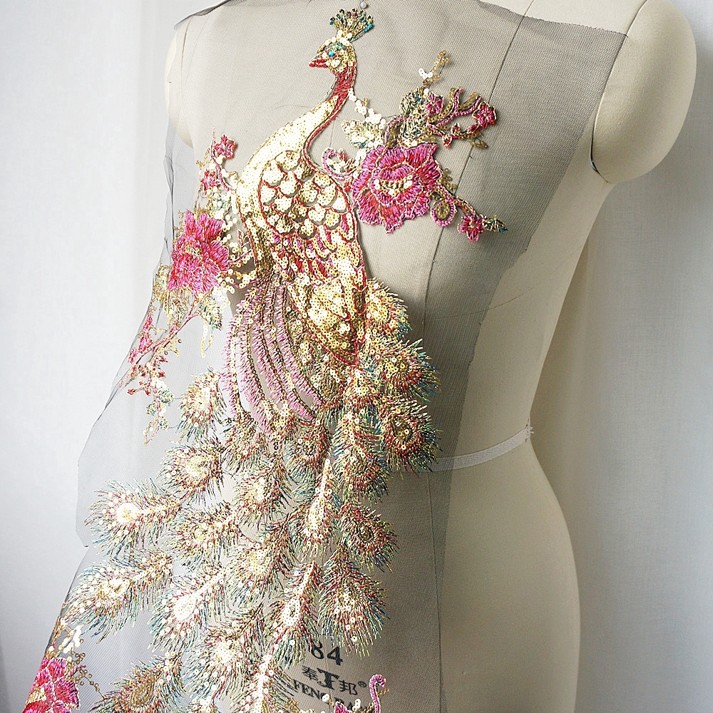 Đen Vải Tuyn Thêu Hình Chim Công Đính Kim Sa Vàng Lấp Lánh Trang Trí Cổ Áo Cưới diy