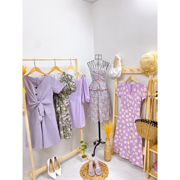 Thanh lý đầm tím hoa cúc, đầm 2 dây Maybi