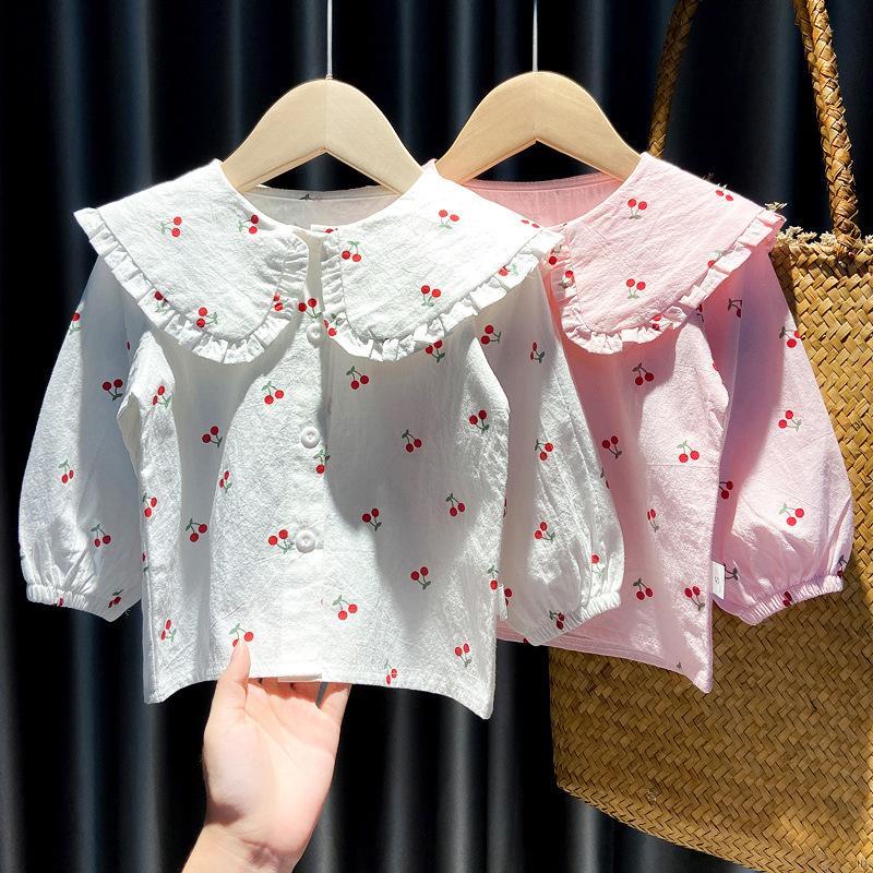 IU Autumn Baby Girl Cute Cherry Print Doll Collar Design Blouse Casual Kids Sweet Long Sleeve Clothes