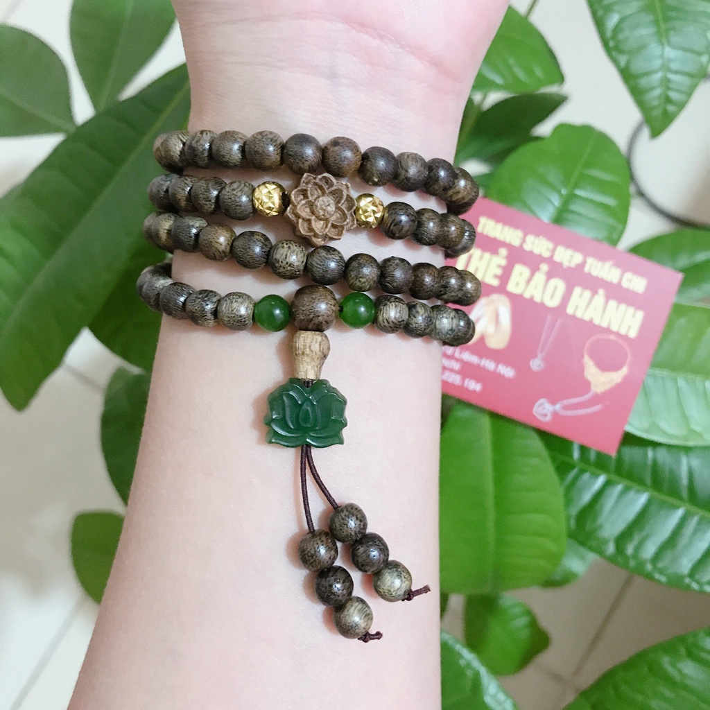 Vòng Tay Trầm Hương  Chuỗi Tràng Hạt 108 Hạt Có Hoa Sen Ngọc Bich Xanh Sang Trọng- Vòng Đôi May Mắn