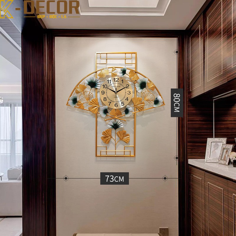 Đồng hồ treo tường trang trí lá Ginkgo hình quạt K80 phong cách hiện đại kim trôi cao cấp