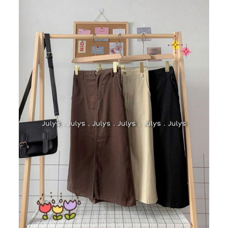 Chân váy midi kaki dáng dài vạt xẻ