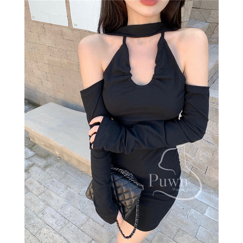 Váy trễ vai body hai dây cổ tim thiết kế độc đáo, ôm sát, quyến rũ Puwn Shop