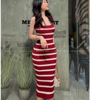 Váy body len kẻ ngang 2 dây dáng dài maxi, Đầm dáng ôm sexxy co giãn VL9912 - NhiNhi Shop