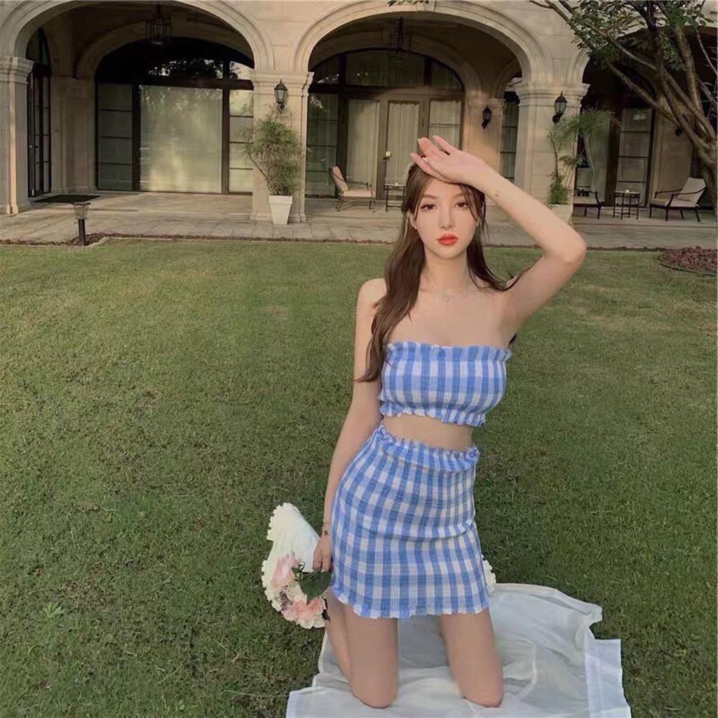 Set đầm caro xanh cutout kèm áo khoác ngoài