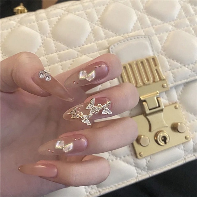 Set 24 móng tay giả, nail giả cô dâu đính đá, charm cao cấp màu sắc nhẹ nhàng